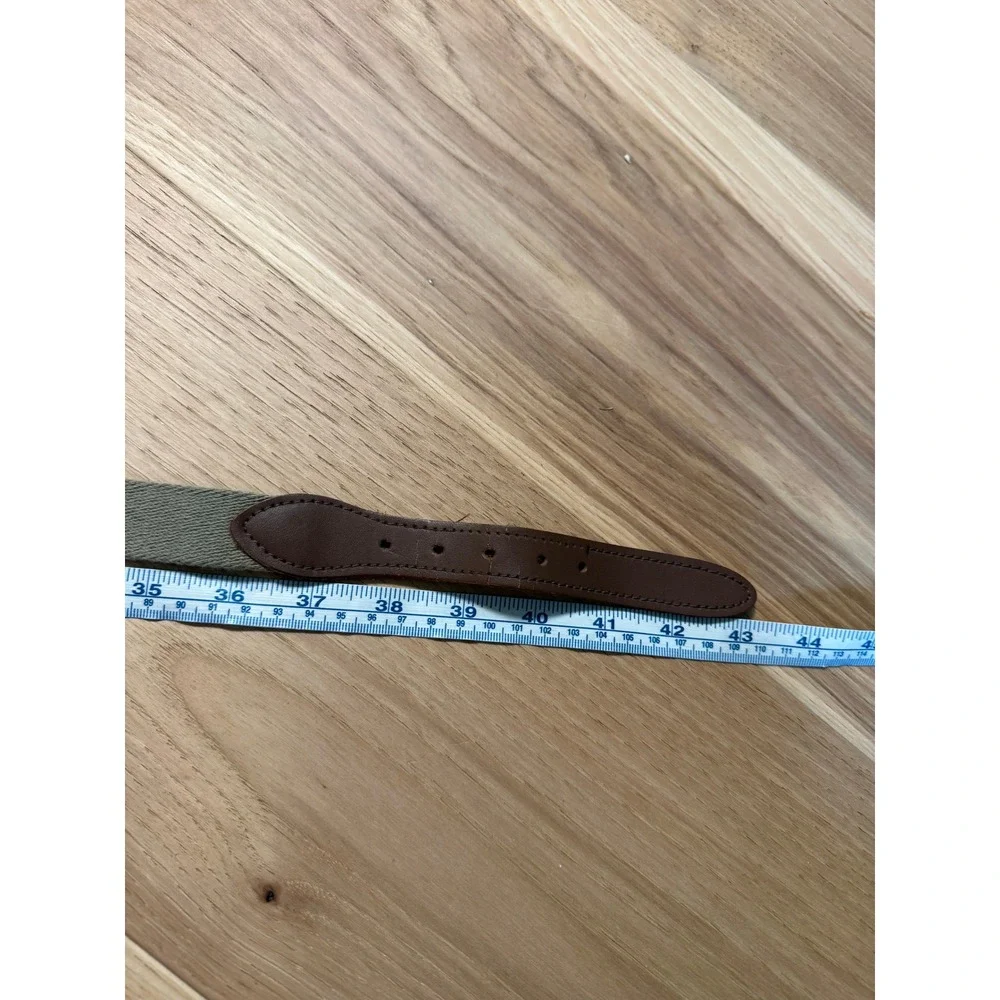Webbed Canvas Belt Mens 40 Tan with brown Leather Trim Brass Buckle made in USA